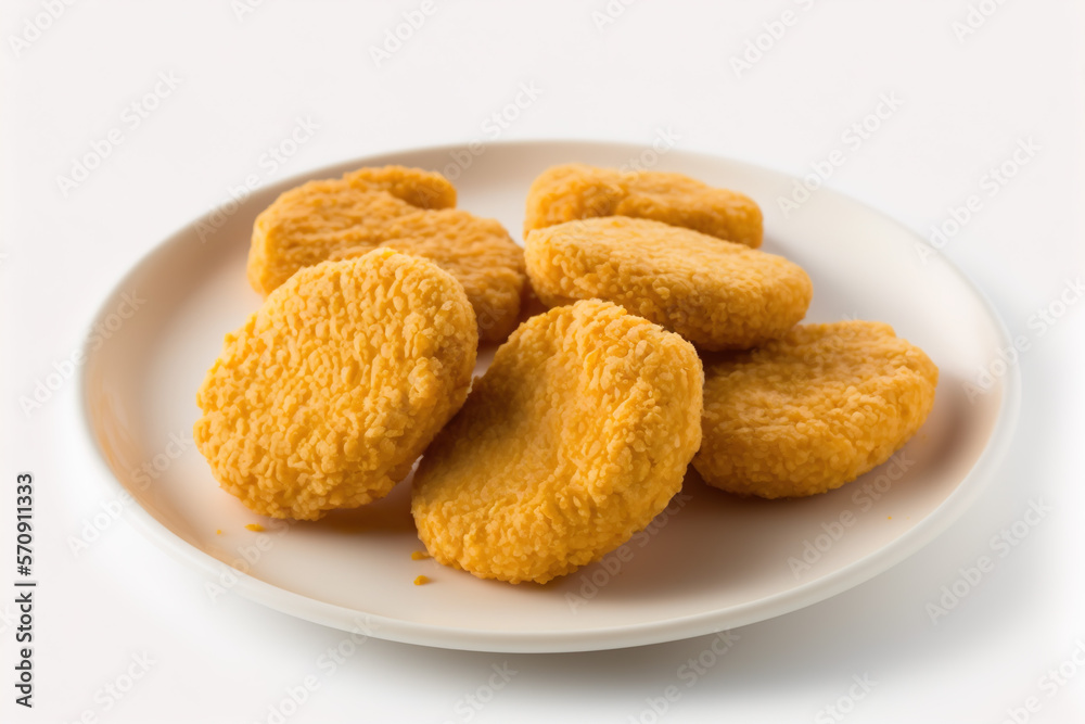 Homemade chicken nuggets,on white plate, front view. ia generate Homemade chicken nuggets,on white plate, front view. ia generate