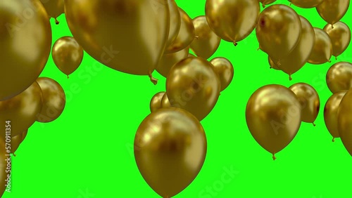 Golden Balloons Flying from Bottom to Top Isolated on Green Screen Background,4K Video Element