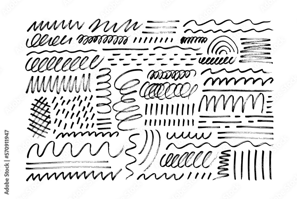 Wavy and swirled brush strokes isolated on white background. Vector scribbled geometric shapes, squiggle lines, messy dots collection. Brush drawn chaotic curly lines. Expressive childish style.