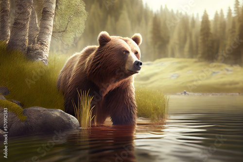 Brown bear in natural habitat, Generative AI