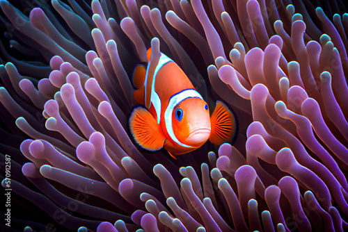 Clown fish in coral garden, Generative AI