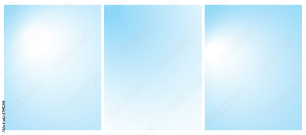 Set of 3 Vector Layouts with Gradient Frame Of Circle Shape on a White and Pastel Blue Backgound. Simple Geometric Minimalist Prints without Text ideal for Cover, Flayer, Banner, Blanks.