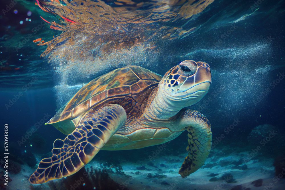 Fototapeta premium Green Sea Turtle underwater, Generative AI