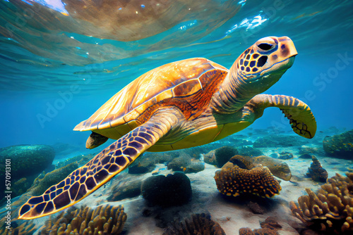 Green Sea Turtle underwater, Generative AI photo
