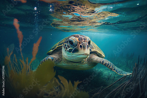 Green Sea Turtle underwater, Generative AI © fusebulb