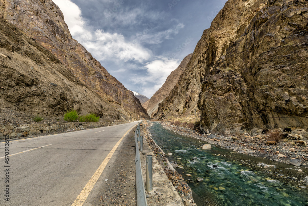 Karaqoram highway and hunza river, Yaks grazing Karaqoram highway and hunza river, Yaks grazing