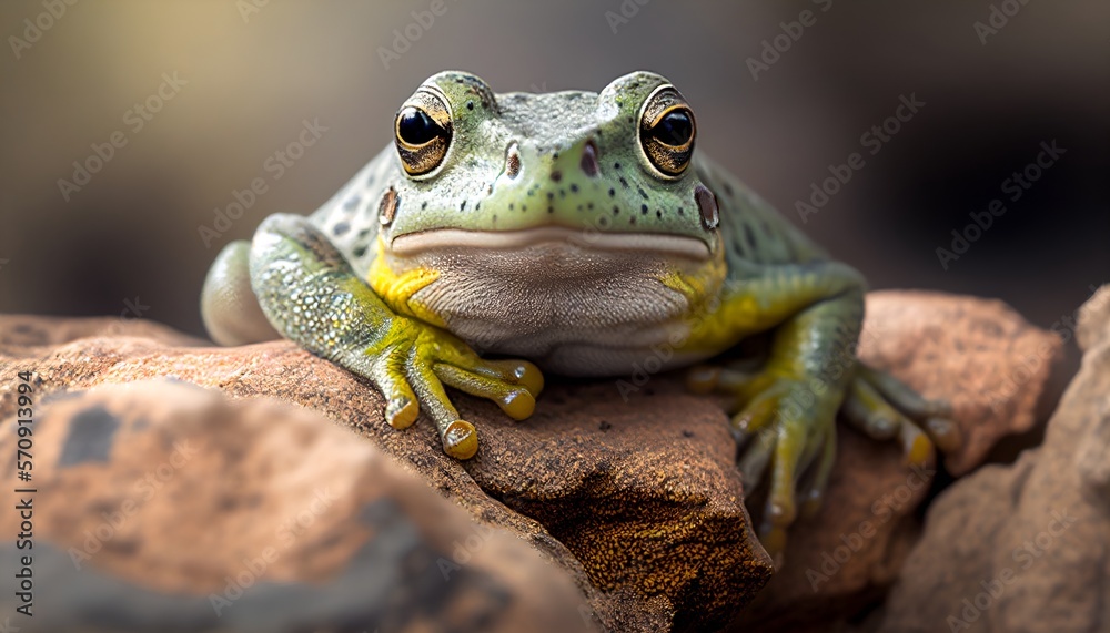 Fototapeta premium Close up photograph of a tiny green frog sitting on a rock, macrophotography, wildlife photo, animal photography