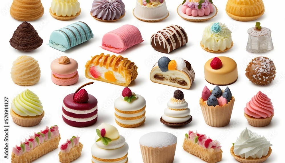Delicious dessert set / collection of 30 colorful isolated pastel french traditional tasty homemade pastry bakery macarons cupcakes biscuits for a birthday party celebration Delicious dessert set / collection of 30 colorful isolated pastel french traditional tasty homemade pastry bakery macarons cupcakes biscuits for a birthday party celebration