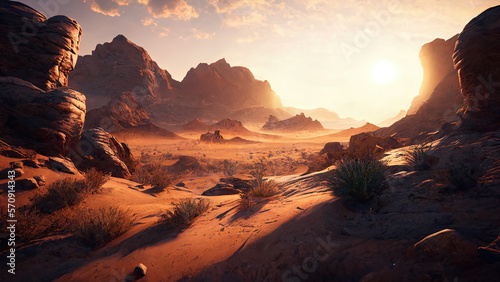 Desert Landscape, with a sunset, stones, bushes and the sky. Generative AI