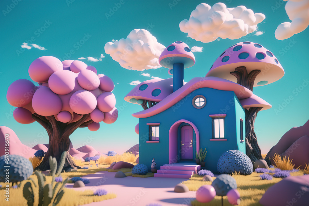 Blue Pink Mushroom house in a magical land aI generated