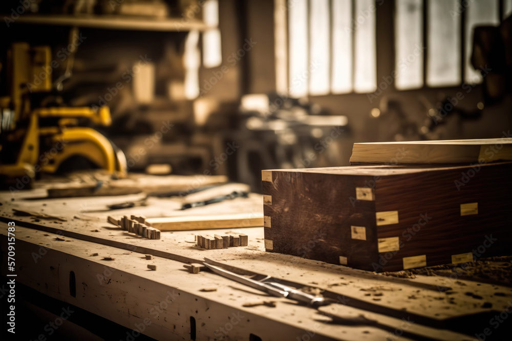 Abstract carpentry woodcraft studio indoor background with copy space. AI generative image