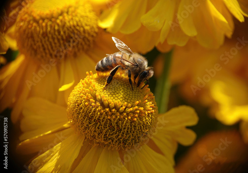 A closeup of a  honey bee on a yellow helenium flower.  © Nigel