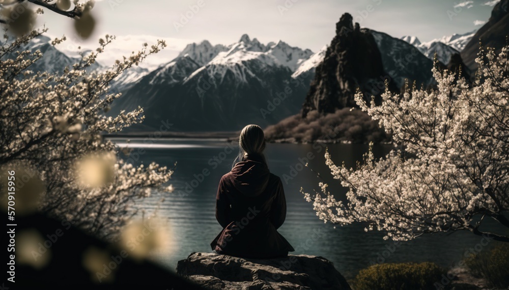 Woman meditating on beautiful landscape from behind generative ai Woman meditating on beautiful landscape from behind generative ai