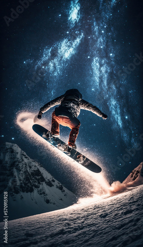 Snowborder doing trick on amazing starry night sky. Winter background, extreme sport. Vertical splash screen template. AI generative image.