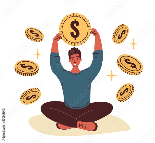 Concept of saving money and accumulation. The guy holds a coin in his hand.
