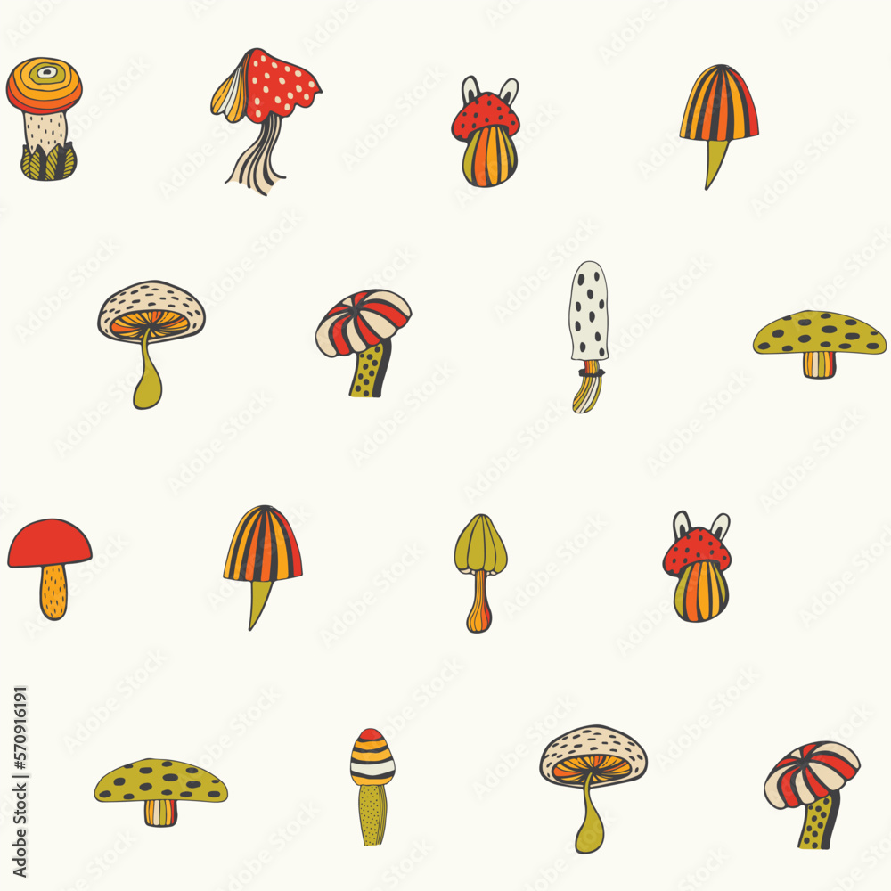 Natural color mushrooms cute seamless pattern. Abstract mushrooms of different shapes light background. Vector