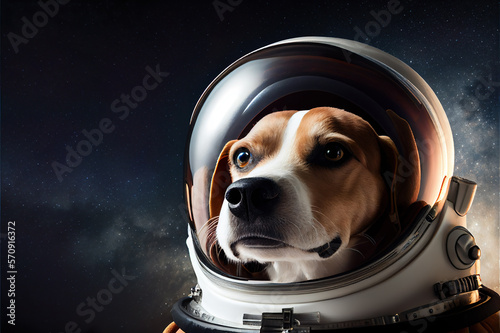 Space dog in a spacesuit with space background with copyspace. Dog astronaut in space. Generative AI. photo
