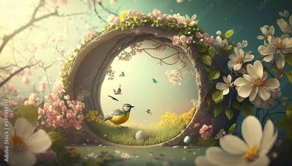 Beautiful enchanted landscape. Fantasy garden background. Magic meadow with spring blooming trees. Round frame with copy space in the middle. Fairy tale banner. AI generative image. - obrazy, fototapety, plakaty 