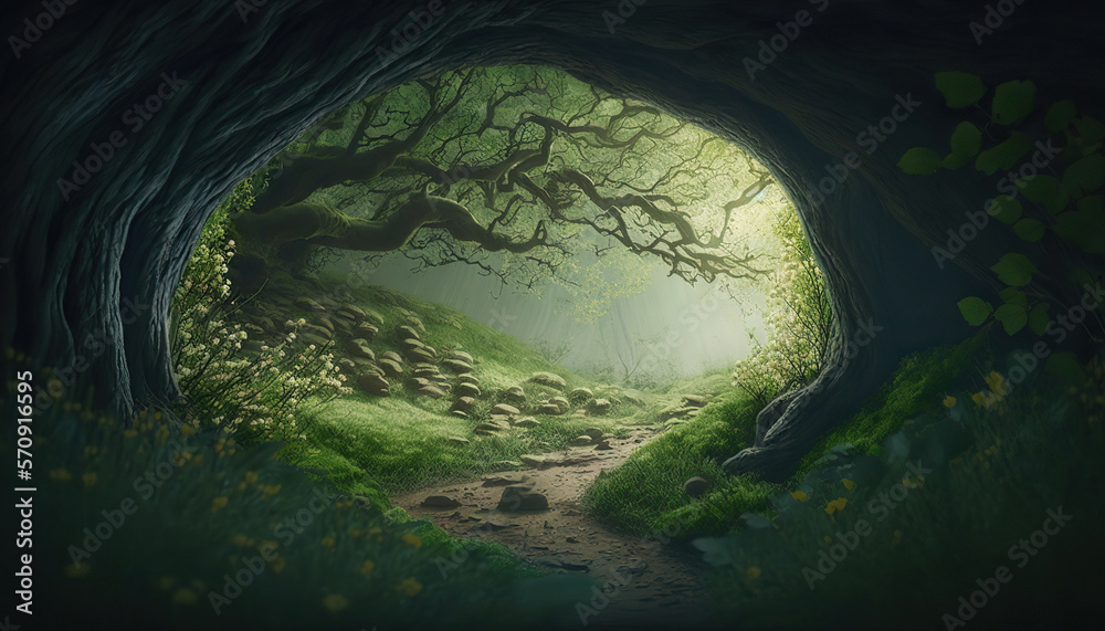 Fototapeta premium Beautiful fantasy dense forest landscape with old growth trees. Magic woods background with copy space. Fairy tale outdoor backdrop. AI generative image.