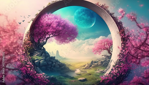 Beautiful enchanted landscape. Fantasy garden background. Magic meadow with spring blooming trees. Round door in the middle. Fairy tale banner. AI generative image. photo