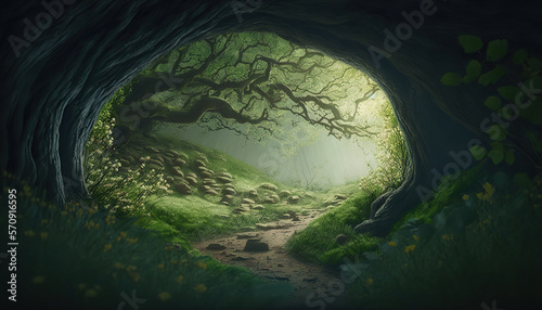 Beautiful fantasy dense forest landscape with old growth trees. Magic woods background with copy space. Fairy tale outdoor backdrop. AI generative image.