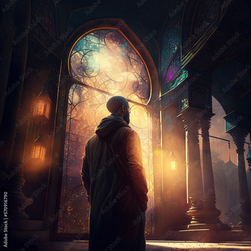 A Muslim man standing in front of colorful mosque door
