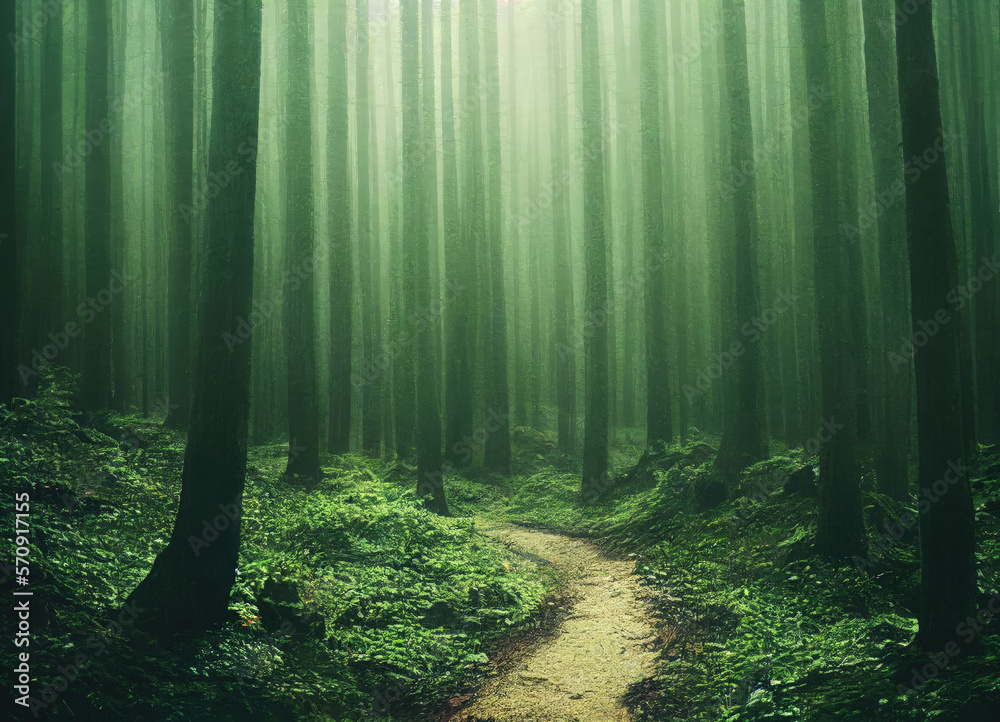 Obraz premium eerie and beautiful foggy forest landscape
