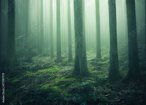 eerie and beautiful foggy forest landscape