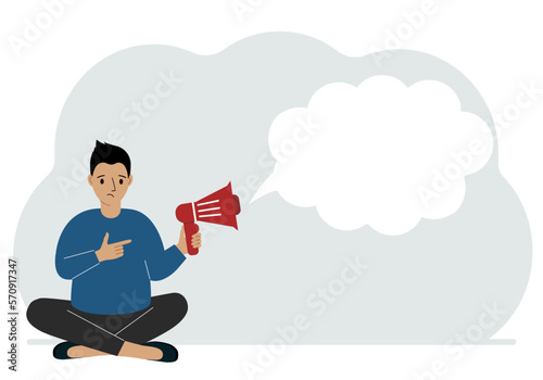 A man with a mouthpiece in his hand sits cross-legged. From loudspeaker bubbles to accommodate text.