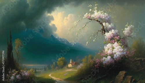 Beautiful early spring landscape with Sakura blossom oil painting style generative ai