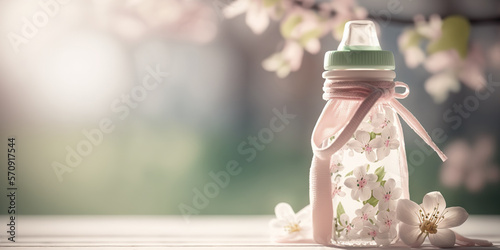 Close up baby milk bottle on beautiful spring blossom background with copy space. Motherhood concept. AI generative image.