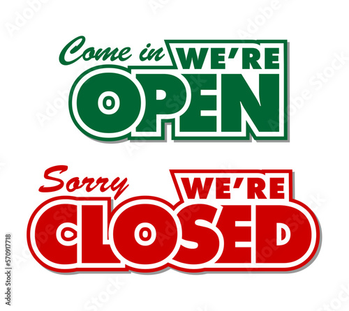 Lettering we are open or closed for door sign. Vector template on transparent background
