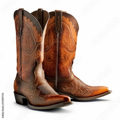 Detailed illustration of leather cowboy western boots isolated on a white background, generative ai