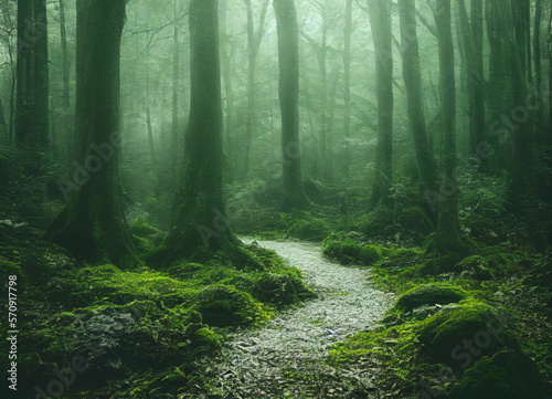 eerie and beautiful foggy forest landscape