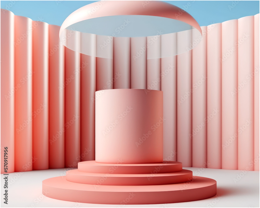 Abstract Pink White Cylinder Pedestal Podium with Sky and Arch Glass Geometric Backdrop Pastel Pink Minimal Scene Geometric Platform for Product Display Presentation Abstract Pink White Cylinder Pedestal Podium with Sky and Arch Glass Geometric Backdrop Pastel Pink Minimal Scene Geometric Platform for Product Display Presentation