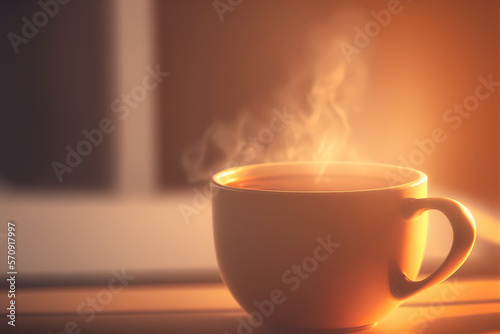 Beautiful close up cup of hot drink. Selective focus. Sunset light indoor background. Cozy and warm atmosphere. AI generative image.