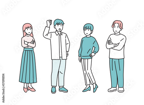 シンプルな男女のネガティブな立ち姿セット　イラスト素材