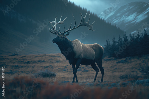 Bull elk in natural habitat.AI generative illustration.