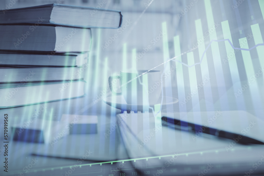 Double exposure of financial chart drawing and desktop with coffee and items on table background. Concept of forex market trading Double exposure of financial chart drawing and desktop with coffee and items on table background. Concept of forex market trading