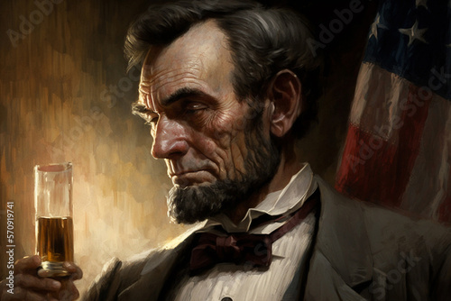 Close-Up Shot of President Abraham Lincoln Holding a Glass of Wine, With the American Flag Draped Behind Him, Showcasing His Patriotism and Pride in His Country. AI