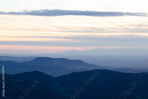 top view of hills and valley against sunset sky