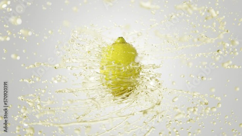 Fresh Lemon rotating on light background with splashing yellow liquid flying from fruit. Nice water coming around nice fruit in slow motion. 3D render liquid simulation. Juice splash.