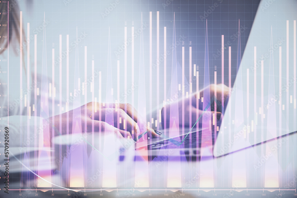 Double exposure of woman hands working on computer and forex graph hologram drawing. Financial analysis concept. Double exposure of woman hands working on computer and forex graph hologram drawing. Financial analysis concept.
