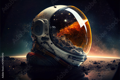 Old astronaut helmet, realistic astronaut helmet with clear glass for space exploration and flight in cosmos. White suit part for protection spaceman head. Generative AI.