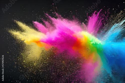 Background. Splashes of colored powder paint on a black background. AI generative.