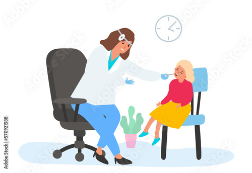 woman doctor cheking little girl throat mouth exam vector illustration