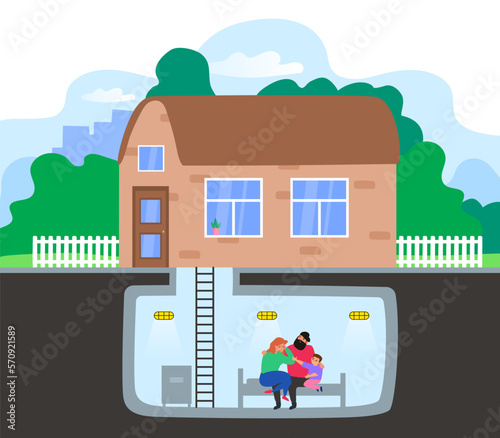 scared family sitting home underground bunker bomb shelter nuclear war survival room vector illustration