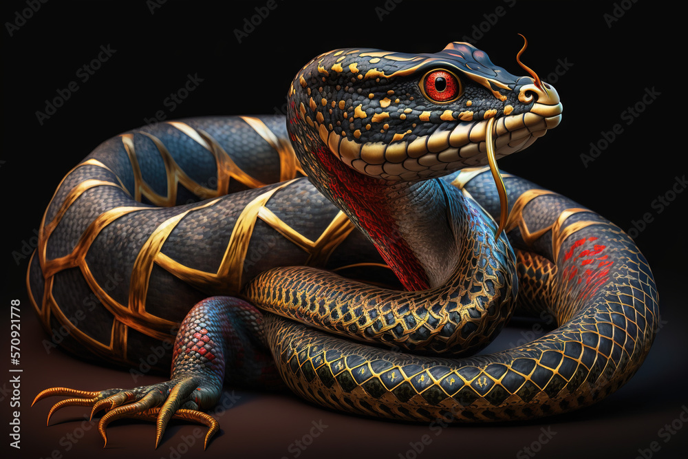 Black and yellow dangerous snake, dark background, Illustration. Black and yellow dangerous snake, dark background, Illustration.