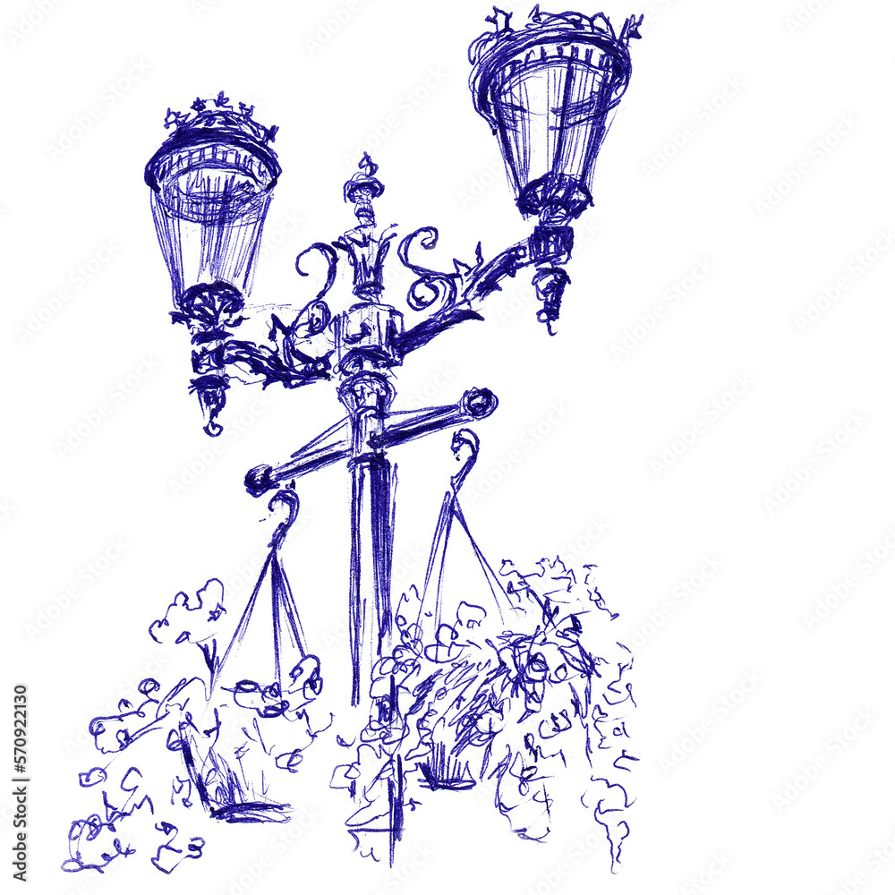 Street lights in the park with flowers close-up. Hand made sketch with ballpoint pen on paper texture. Isolated on white