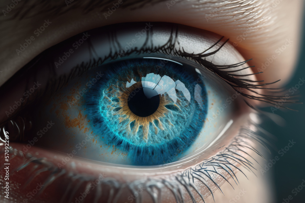 Human blue eye realistic beautiful closeup zoom, generative AI